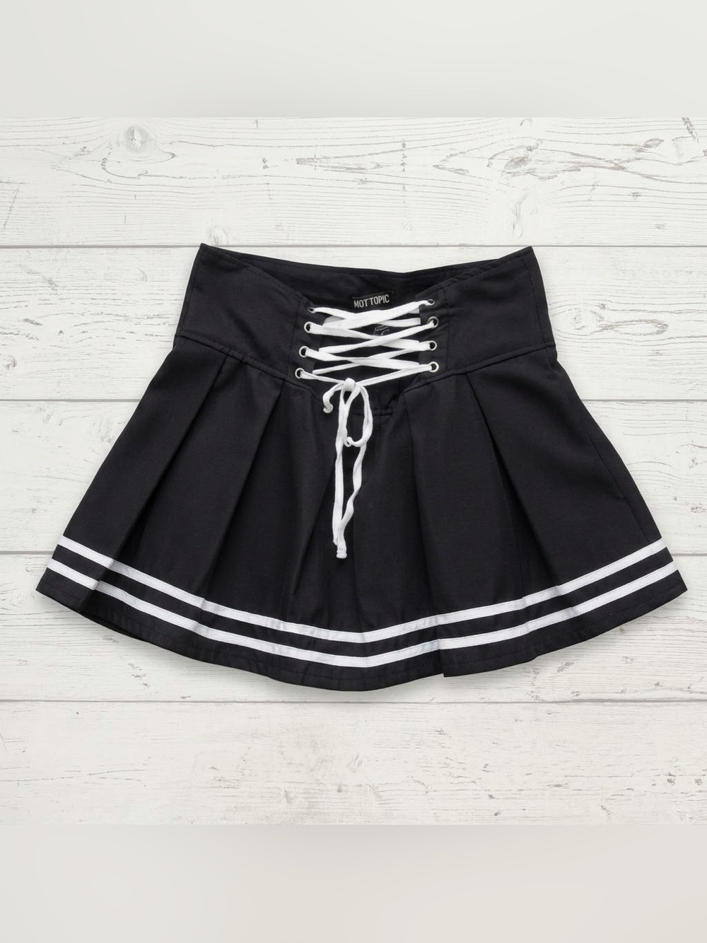 Hot Topic Black Lace Up Corset Mini Skater Skirt White Trim Y2K Alt Goth L